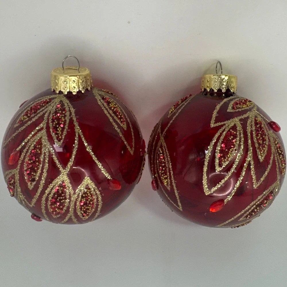 2 Red Glass Christmas Ornaments Gold Glitter Leaf Sequin Rhinestone 3 inch Round